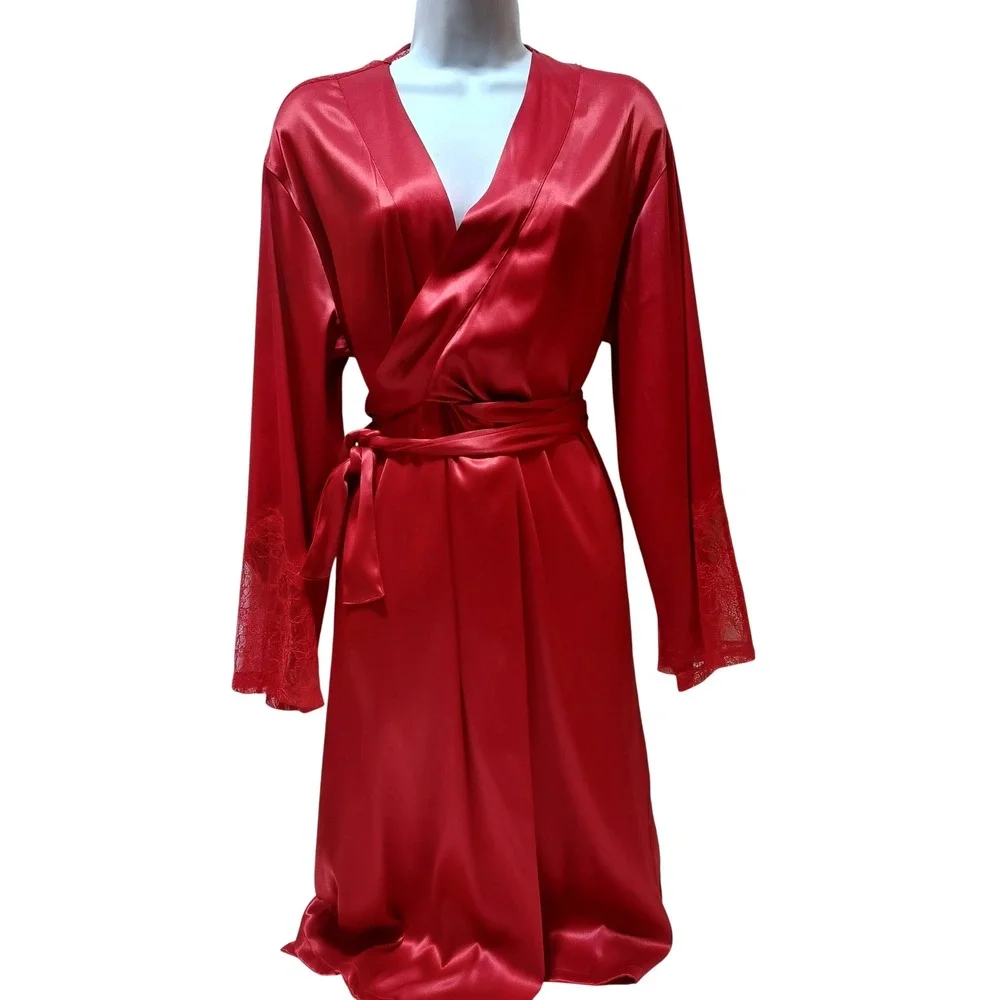 Victorias Secret Womens Kimono Wrap Robe M/L Red Satin Lace Back Coquette Glam